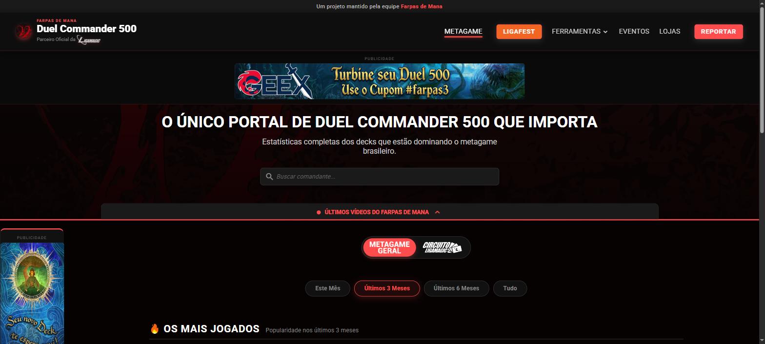 Captura de tela do portal Duel Commander 500